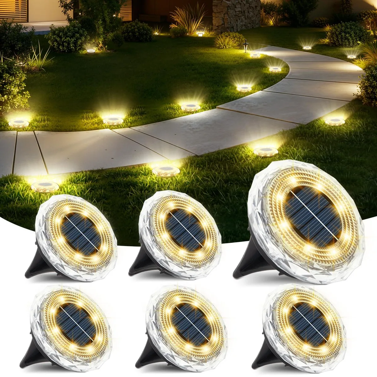 Six white acrylic solar ground lights with clear prismatic lenses and integrated spikes