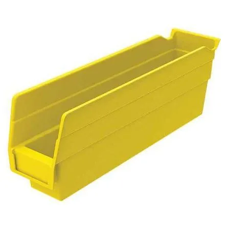 Yellow rectangular plastic shelf bin with moulded label area