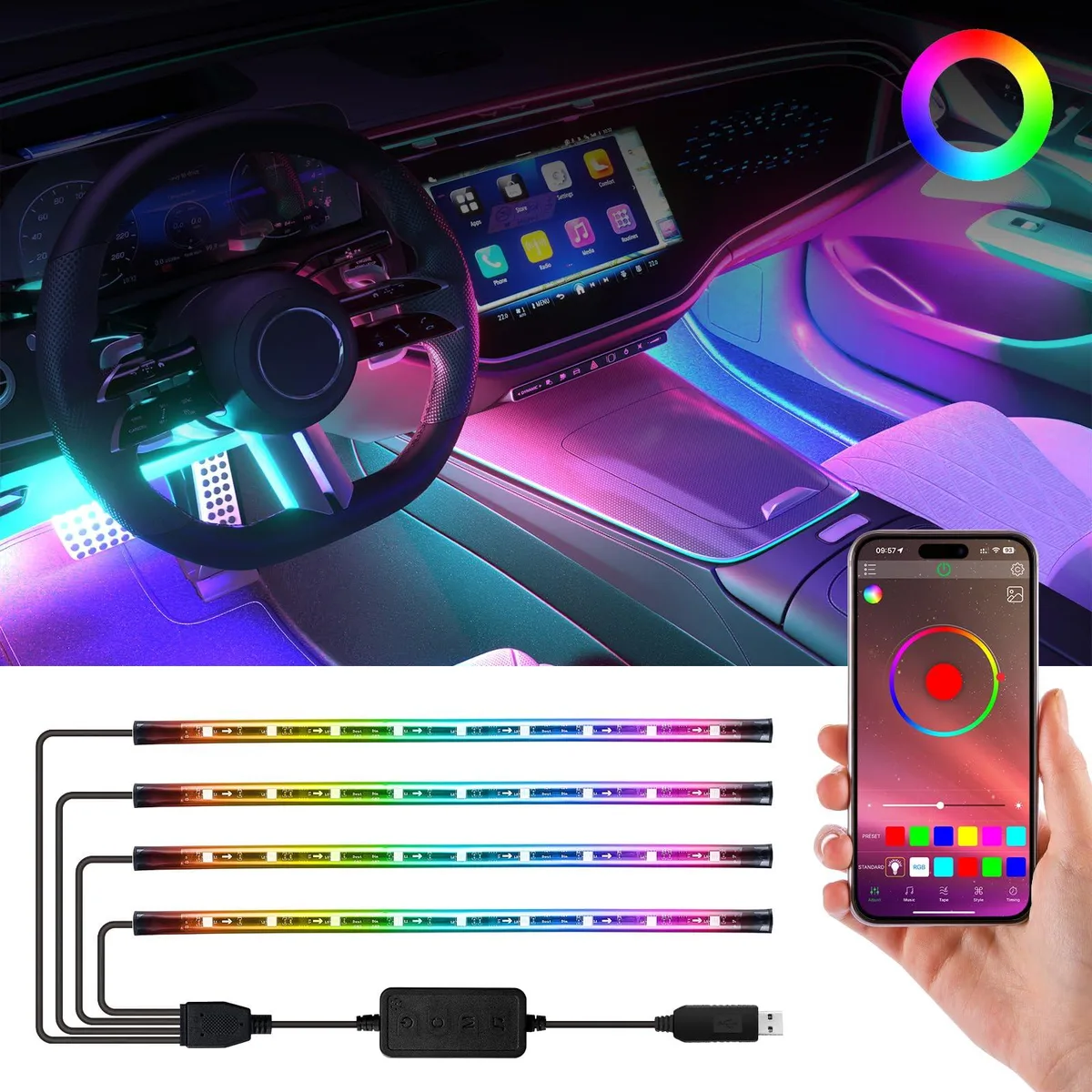 FCPVHOY FCPVHOY Smart Interior Car Lights, 256 Effects, 16M Colors, App Control — product photo
