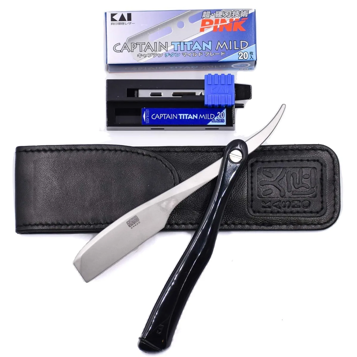 Folding straight razor with traditional handle and leather case