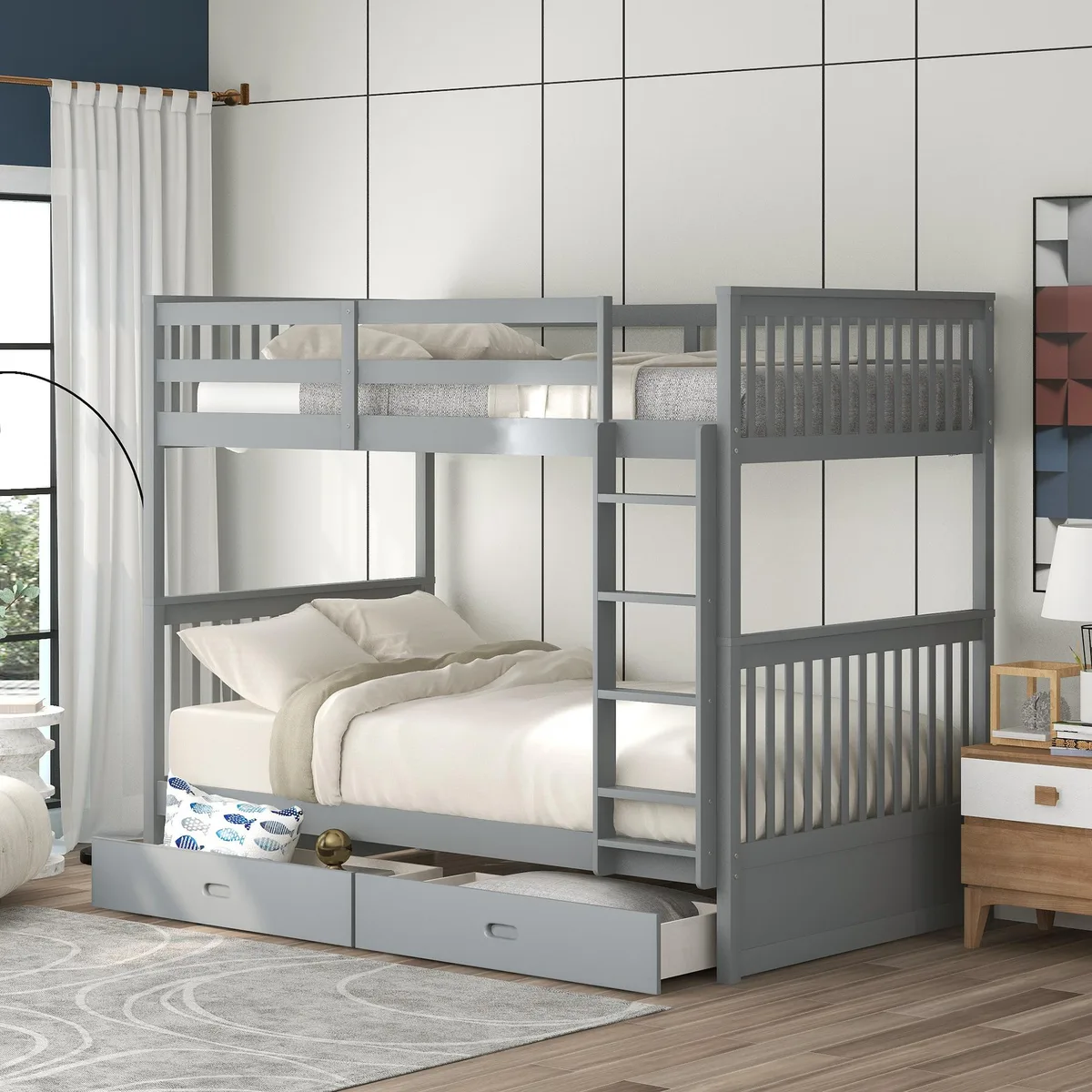 Gray solid wood twin-over-twin bunk bed with ladder and two storage drawers