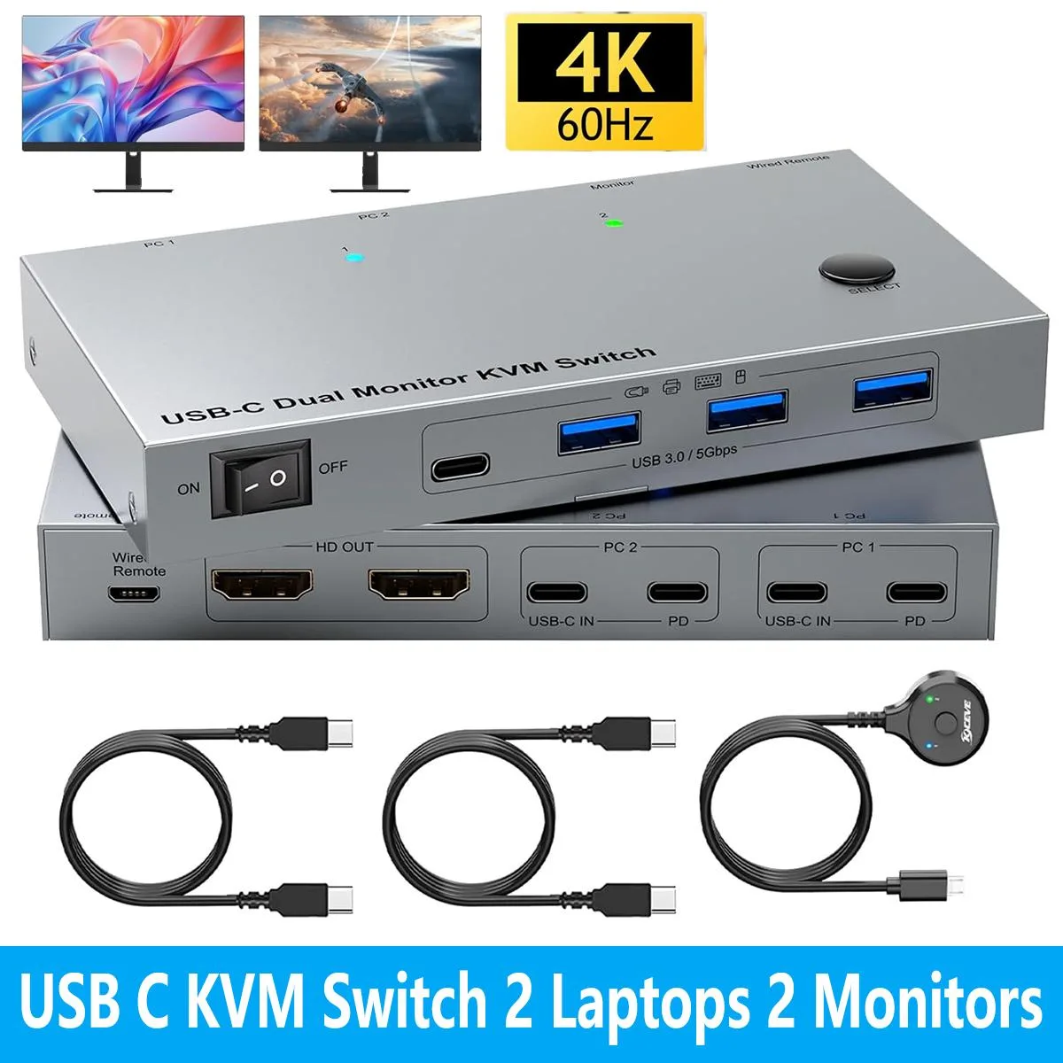 Hitoor Hitoor USB-C KVM Switch 4K@60Hz Dual Monitor 2 Laptops 4 USB 3.0 100W PD 1.5m Remote — product photo