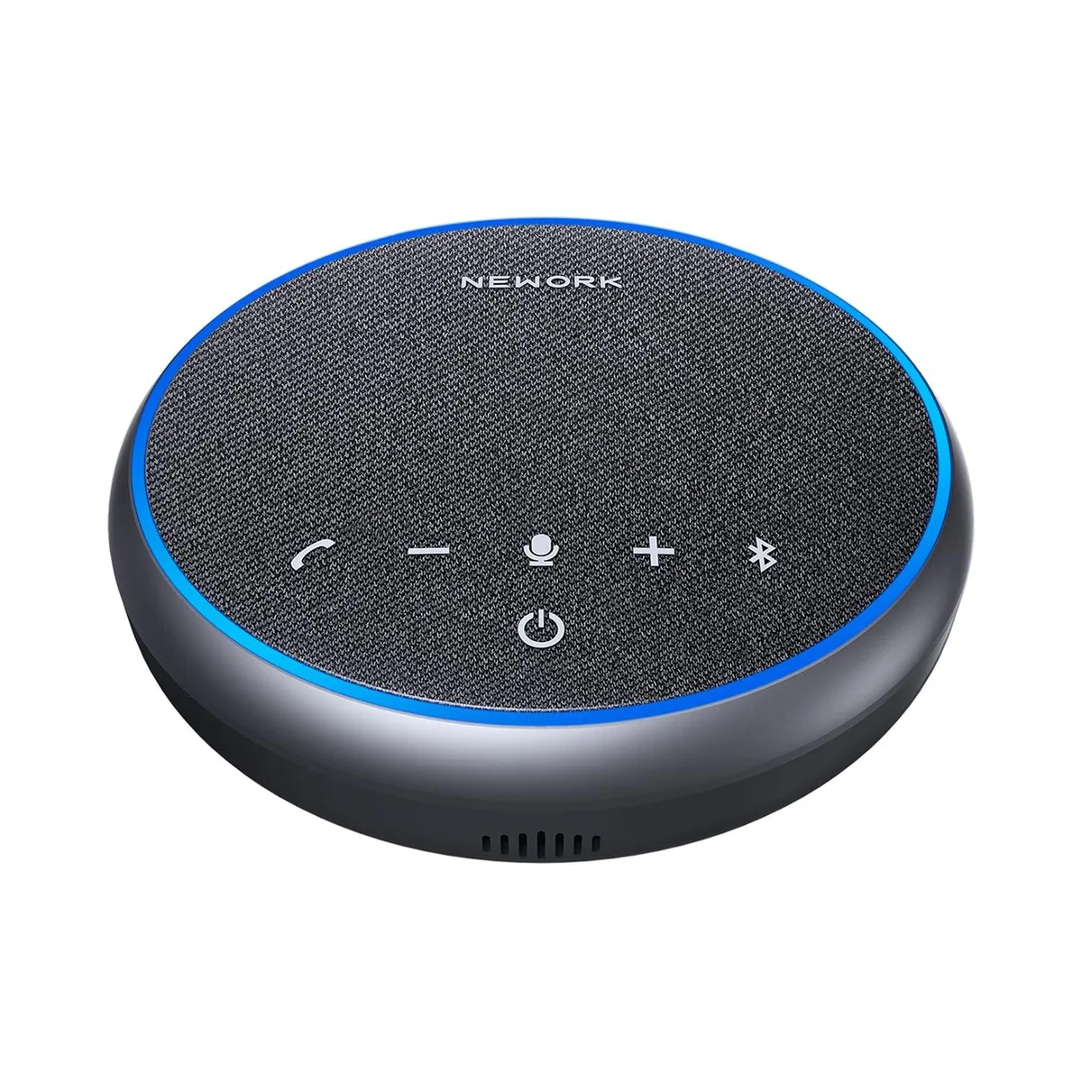 Compact circular speakerphone with matte finish and touch controls