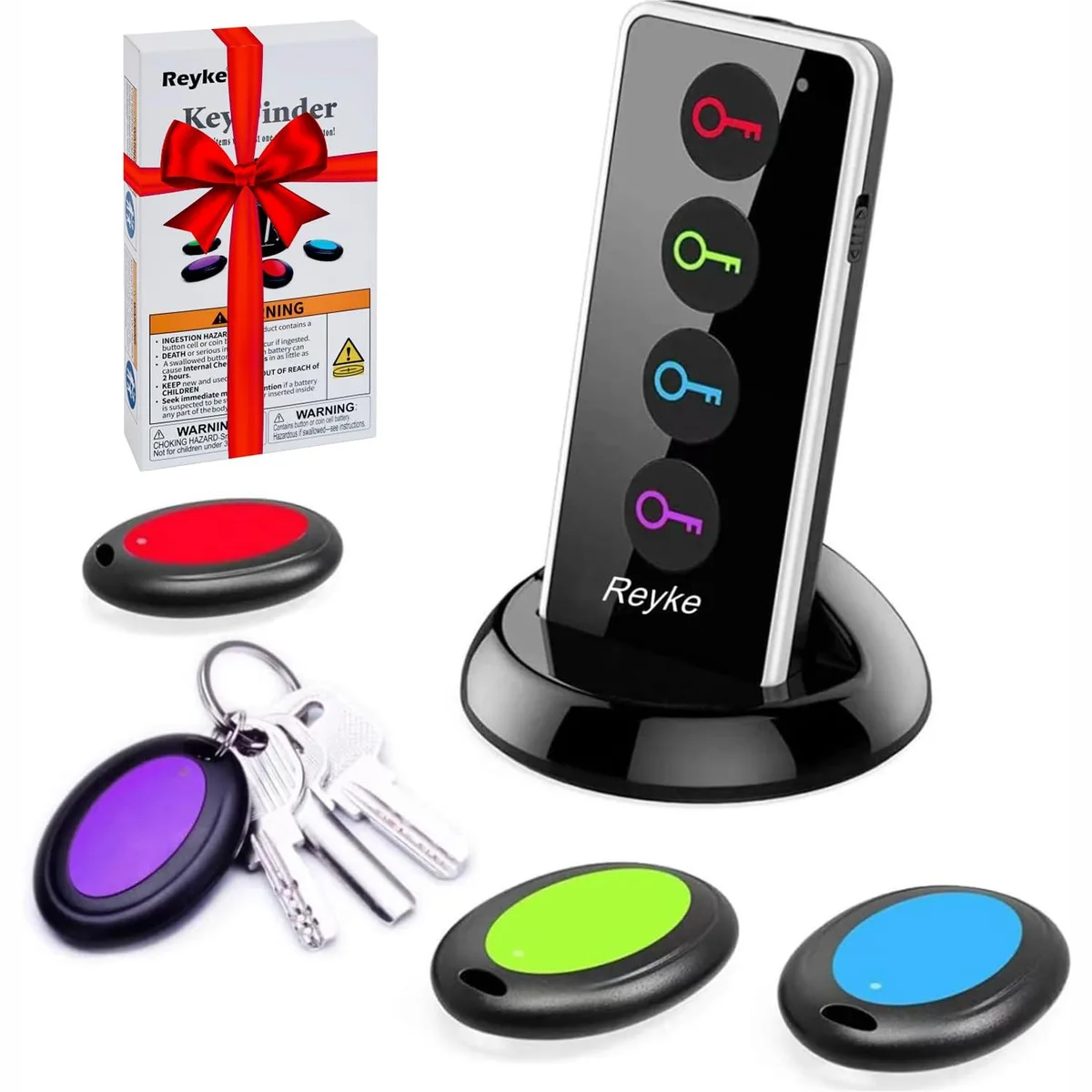 Black rectangular RF transmitter with four colour-coded buttons and four small tagged receivers on key rings