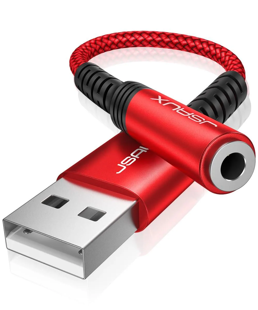 White USB-A plug to 3.5 mm jack dongle, short cable