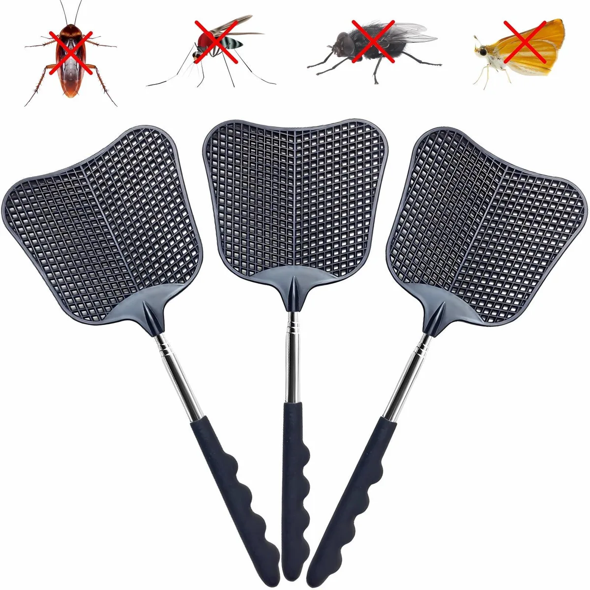 Three black telescopic fly swatters with stainless steel handles and ABS plastic heads