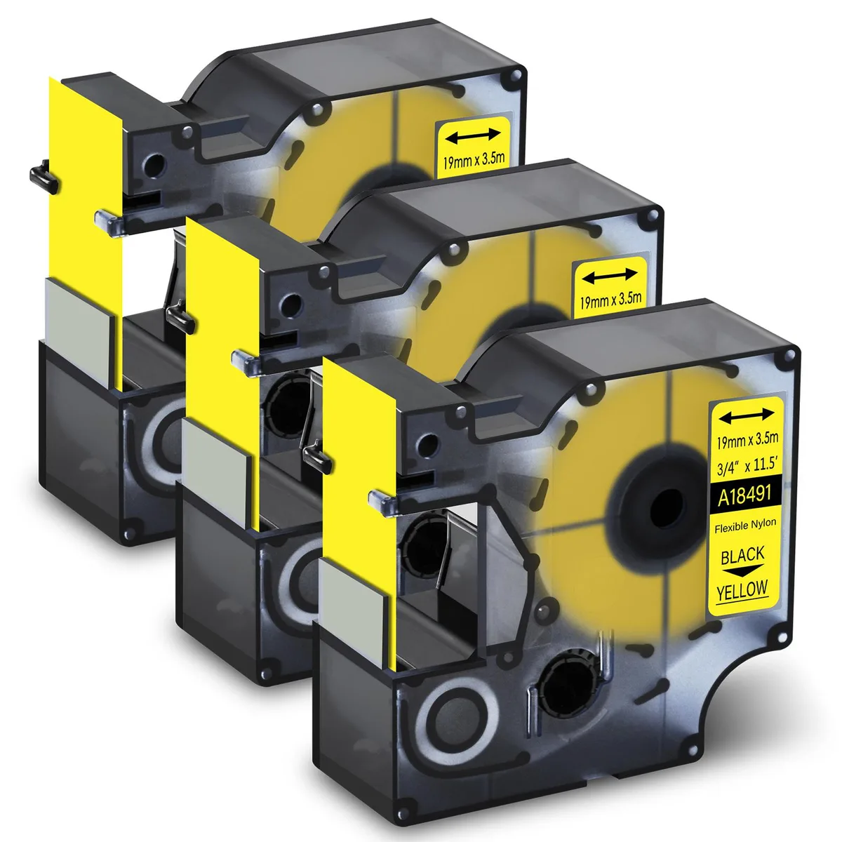 GREENCYCLE GREENCYCLE A18491 3-pack 19 mm × 3.5 m black on yellow nylon label tapes — product photo