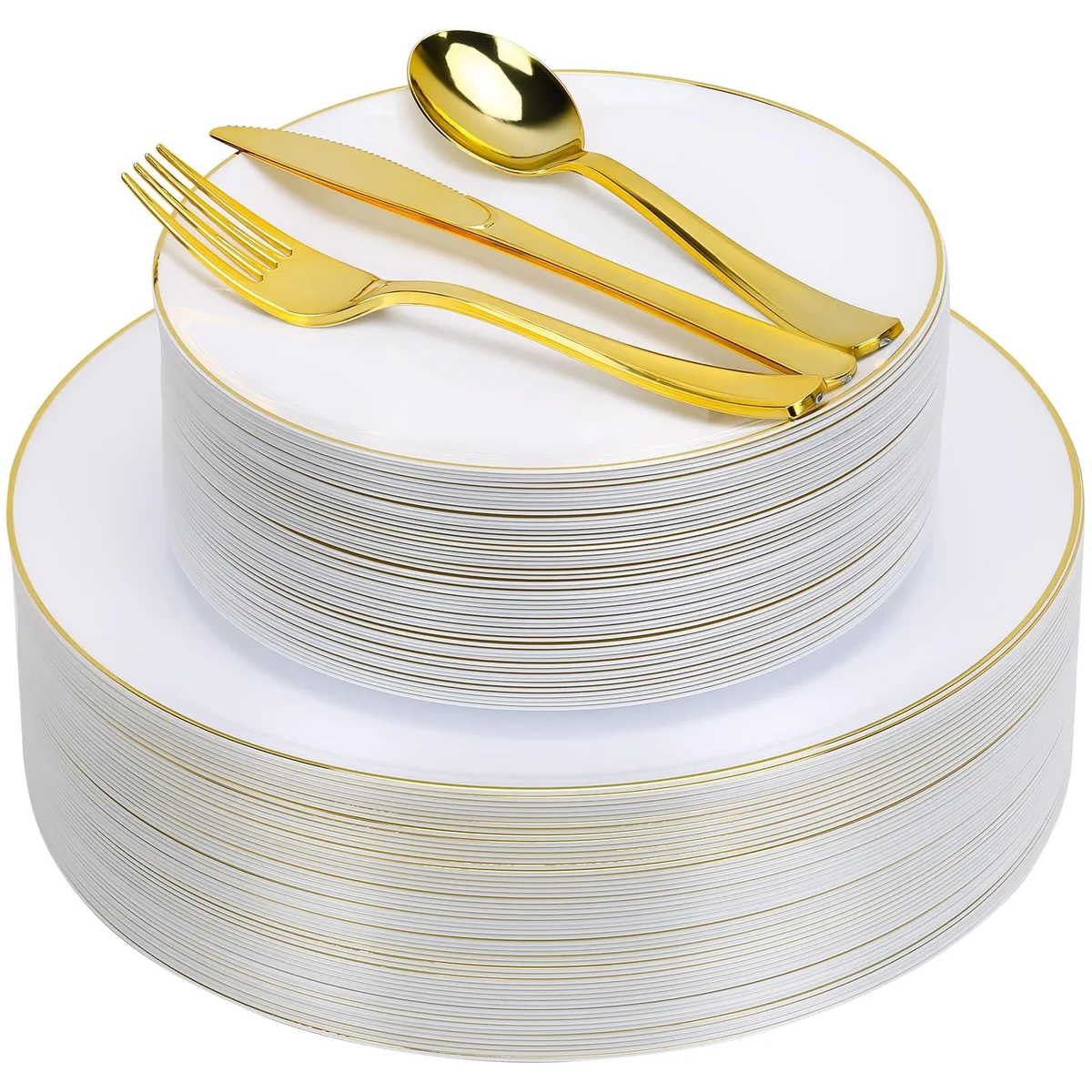 White round plates with gold rims, gold cutlery, 250 pieces total