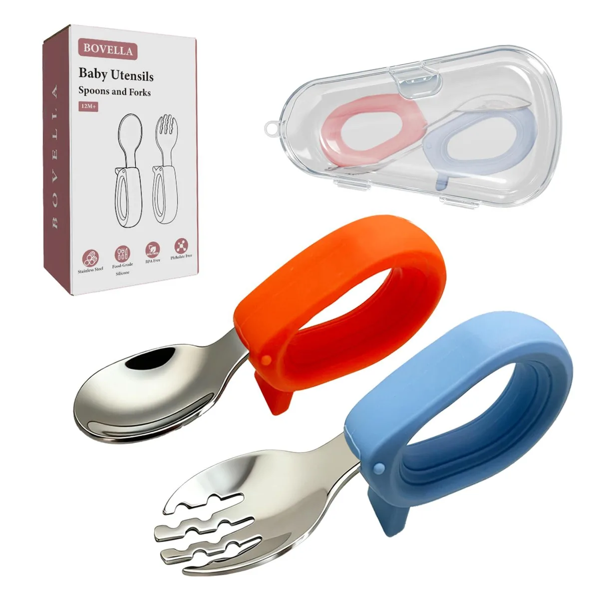 Black stainless steel fork and spoon with silicone handles in travel case
