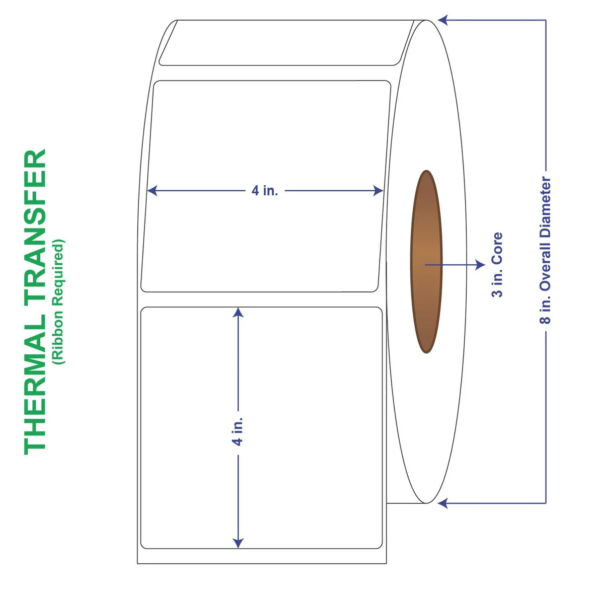 Four white rolls of 4x4 thermal transfer labels, 1500 per roll, non-perforated, 6000 per carton