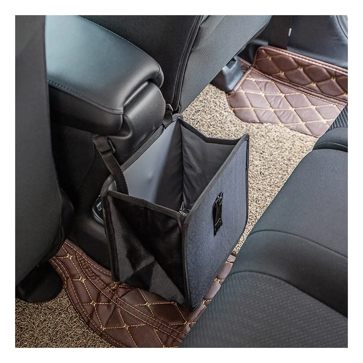 Black foldable car trash can, rectangular shape, waterproof fabric, adjustable strap, shown open standing upright