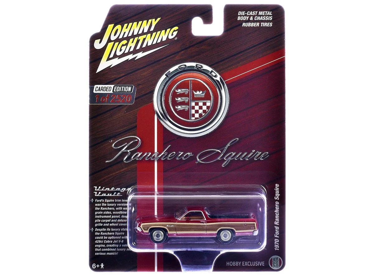 JOHNNY LIGHTNING JOHNNY LIGHTNING 1970 Ford Ranchero Squire Red Woodgrain Hobby Exclusive 1/64 2520 hobby collectible — product photo