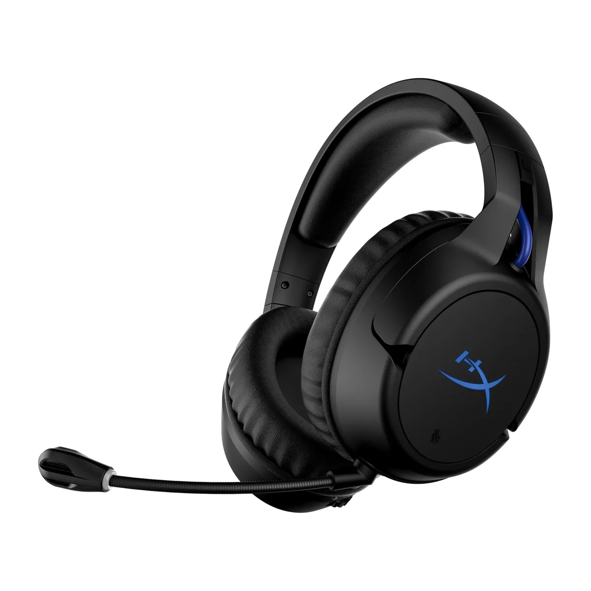 Blue over-ear wireless gaming headset with leatherette cushions, detachable mic, LED ear cups