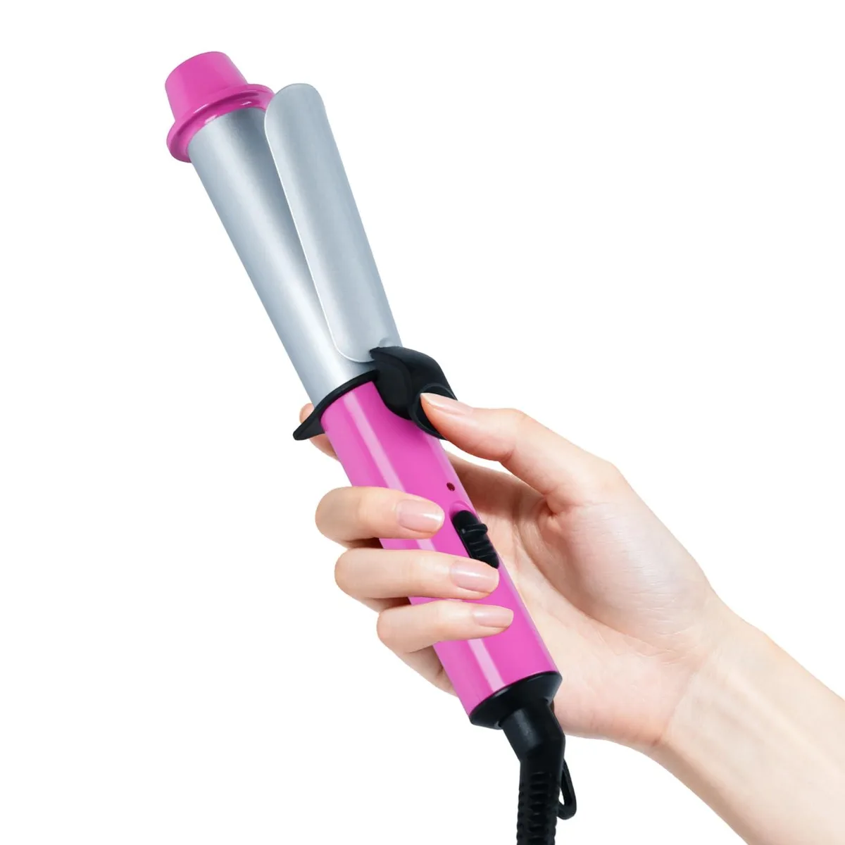 Pink mini curling iron, slim 7.8-inch body, 1-inch ceramic barrel