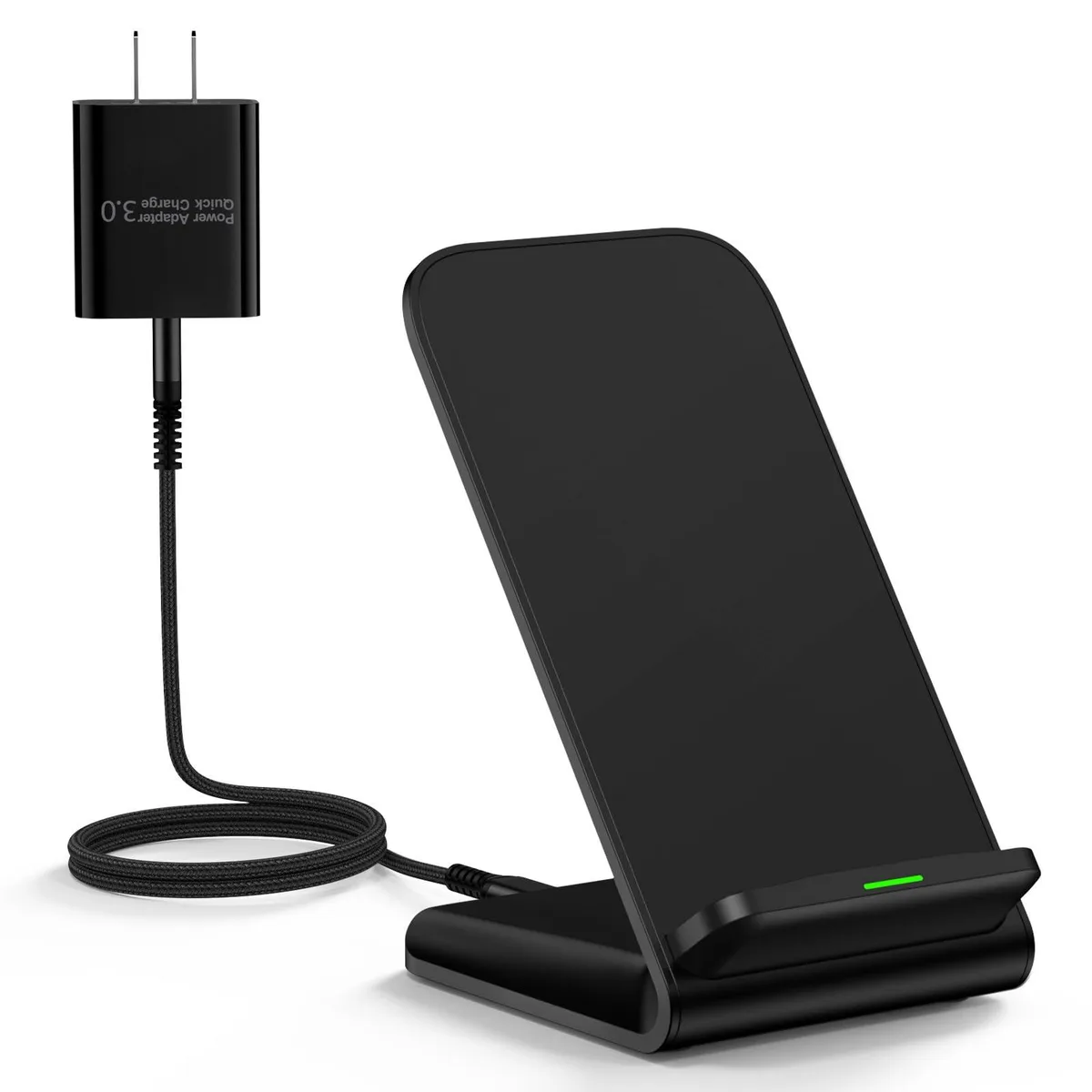 Flecom 15W wireless charging stand in black, angled at 65 degrees with dual coils and included 18W QC 3.0 adapter
