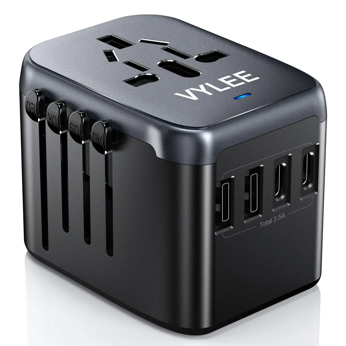 VYLEE OL-212 universal travel adapter in black grey, rectangular with sliding plug sections and multiple USB ports