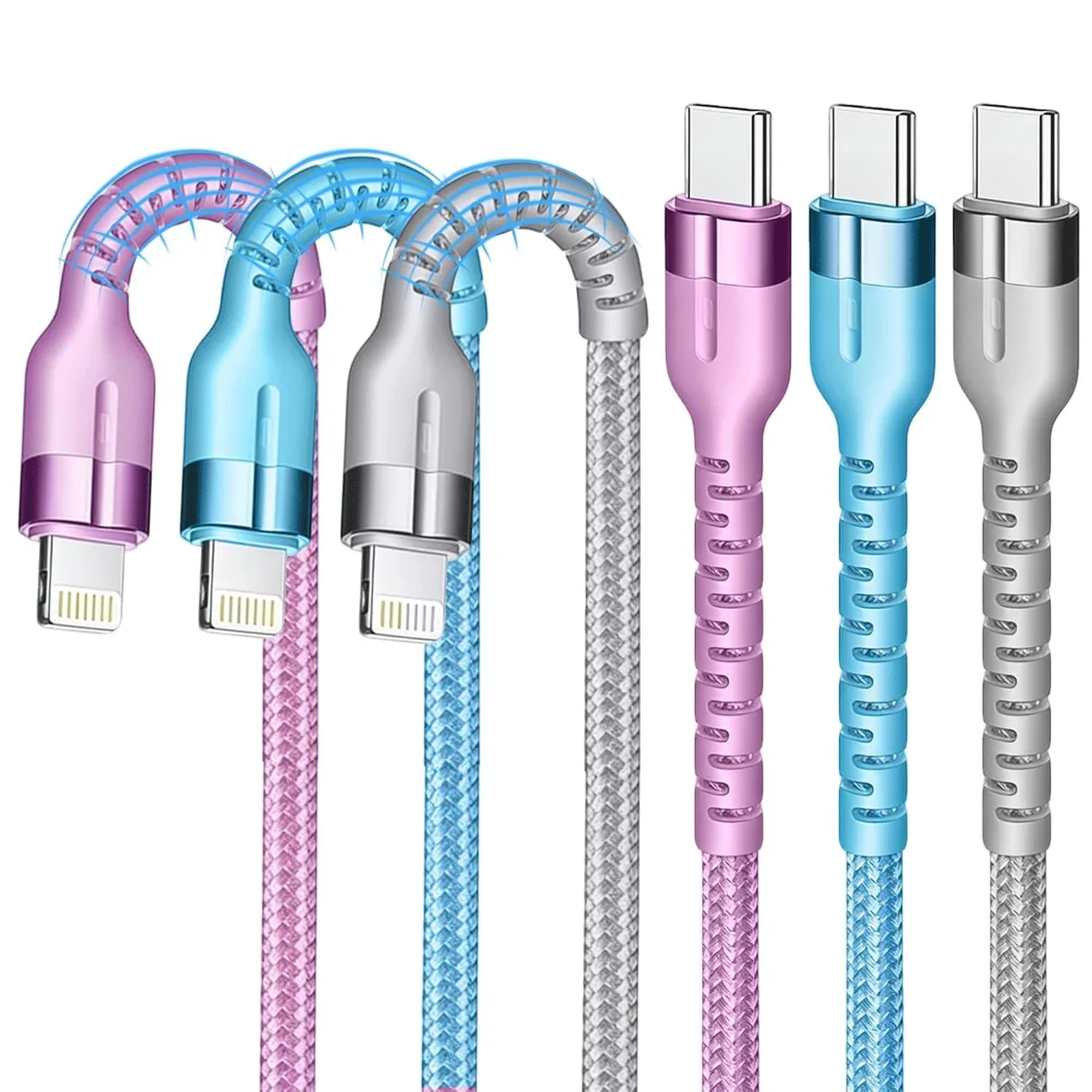 MCHOSE MCHOSE USB-C to Lightning Cable 3-Pack MFi Certified 3FT Pink Blue Gray — product photo