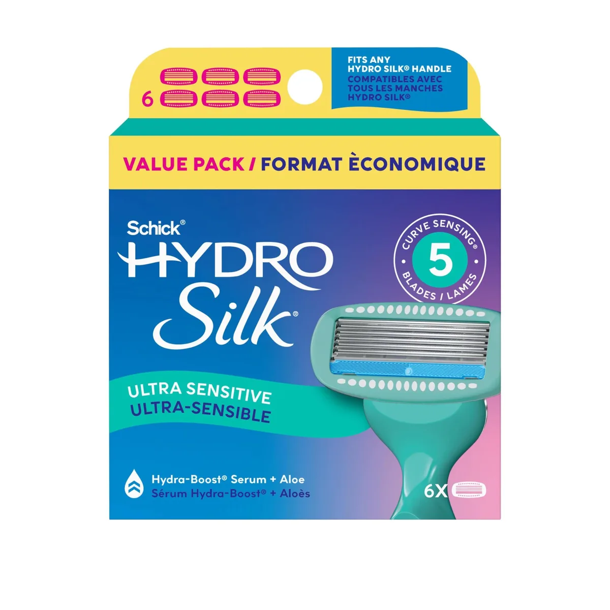 Six cartridge refills with five curved blades and serum strip