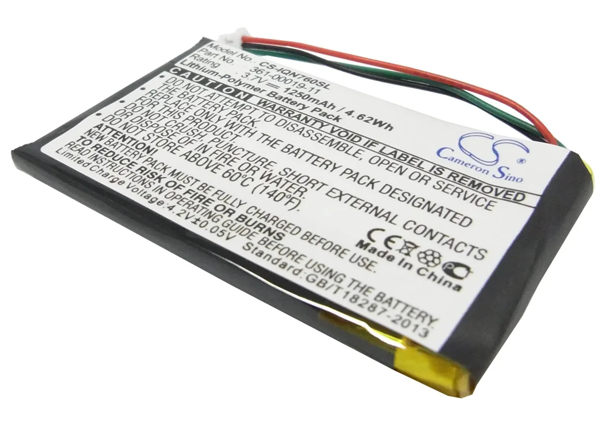 Rectangular black replacement battery with three-wire connector for Garmin Nuvi GPS devices