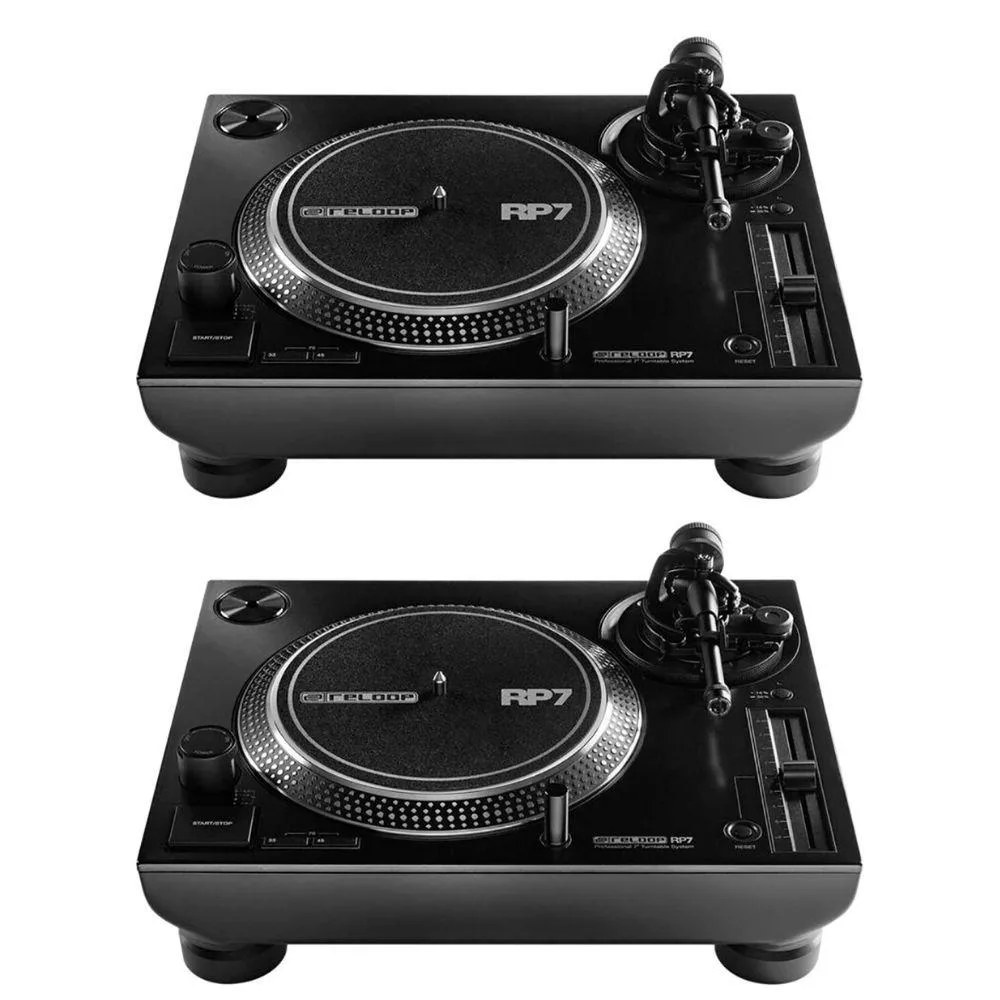 Pair of silver 7-inch direct-drive turntables with straight tonearms and die-cast platters