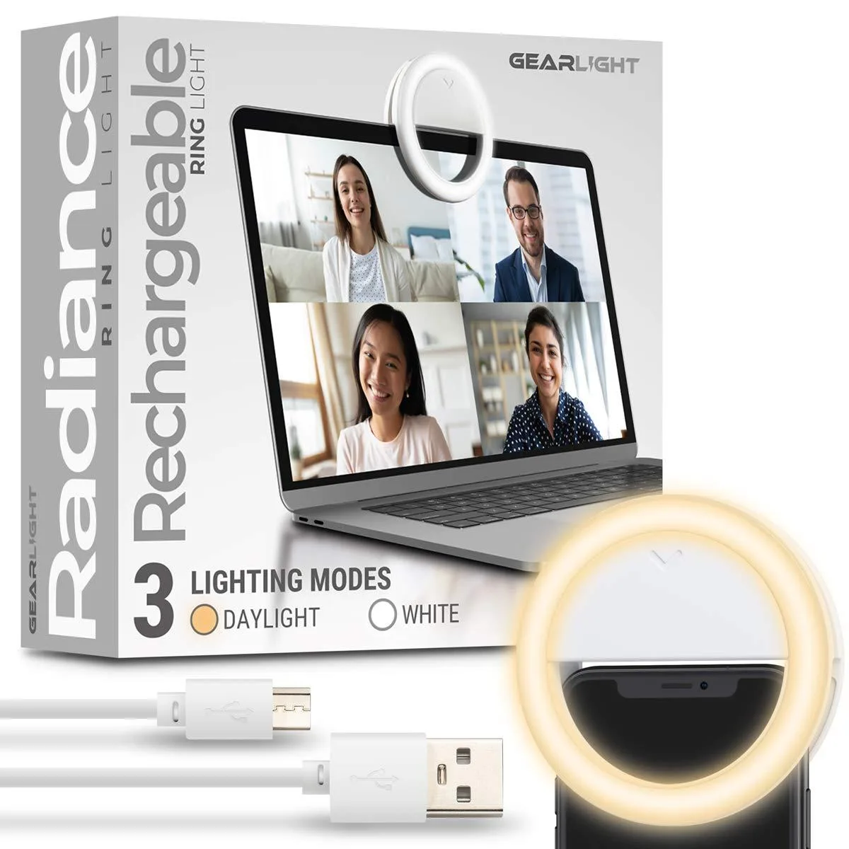 Small white ring light with spring clip attached