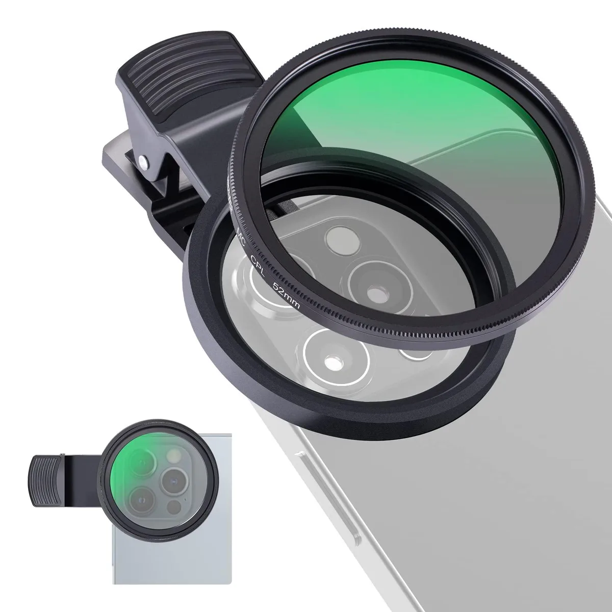 NEEWER 52mm CPL Filter for Phone with Clip Case & Cloth FL-26 — product photo
