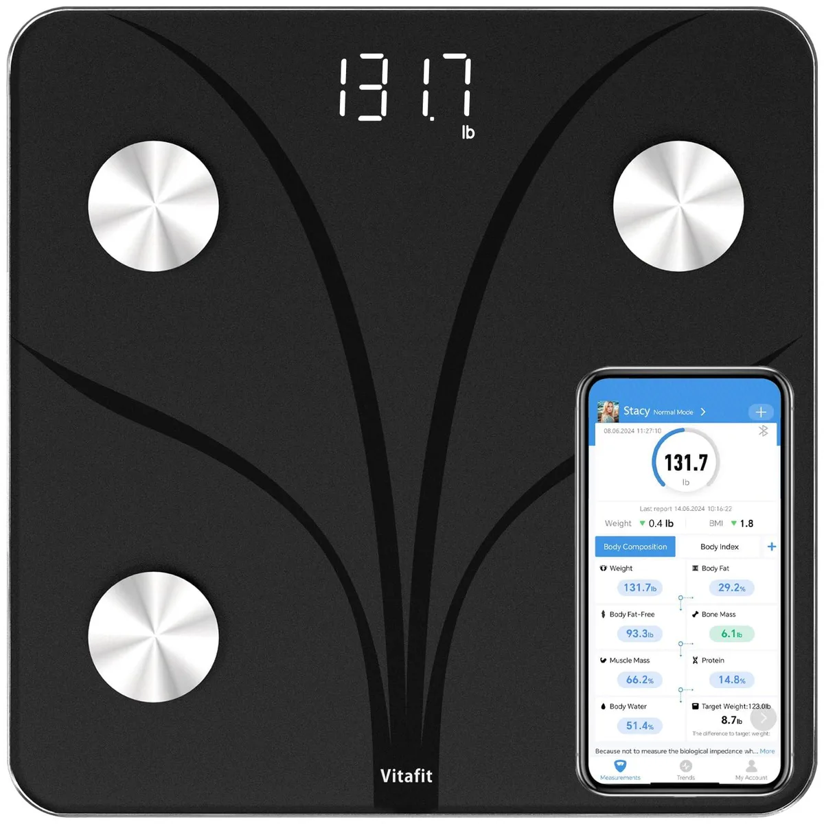 Black rectangular smart bathroom scale with tempered glass platform and white LED display