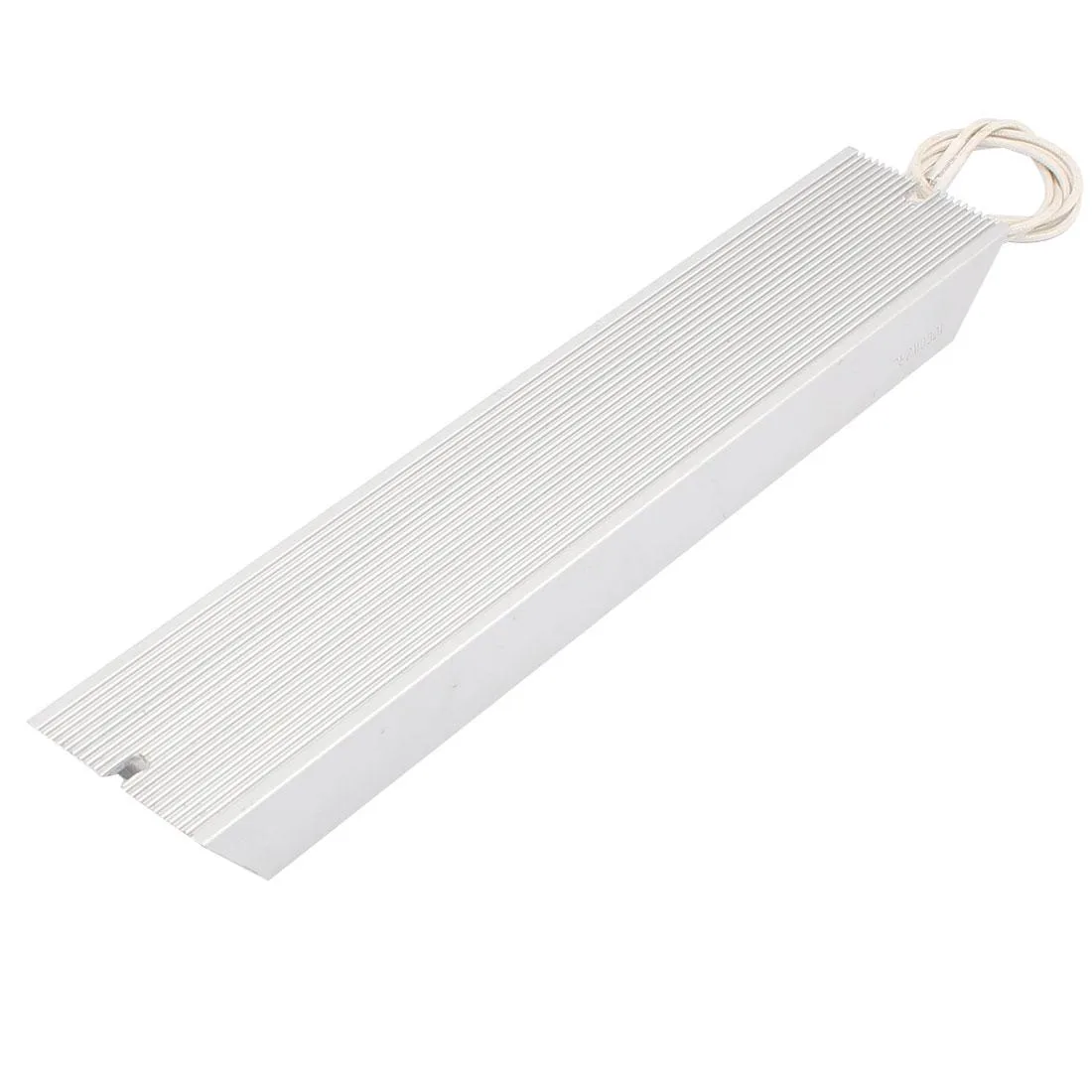 Silver aluminium block resistor with white nylon leads and solder lug terminals, 32 x 6 x 2.8 cm