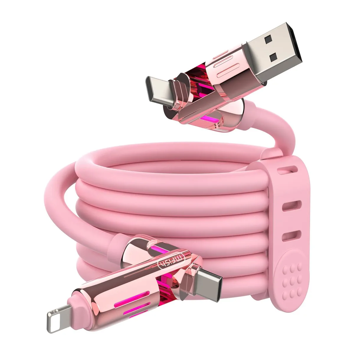 Pink 6.6 ft silicone cable with four detachable USB-C, Lightning and USB-A tips and RGB glow
