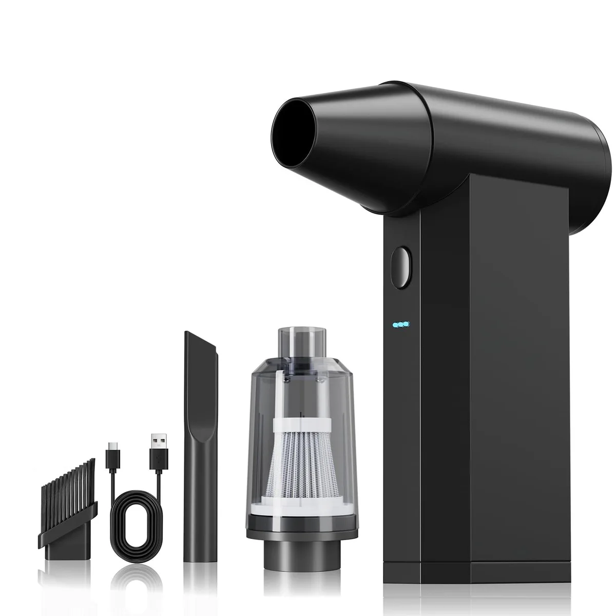 Compact cordless air duster and vacuum, matte finish, two nozzles attached