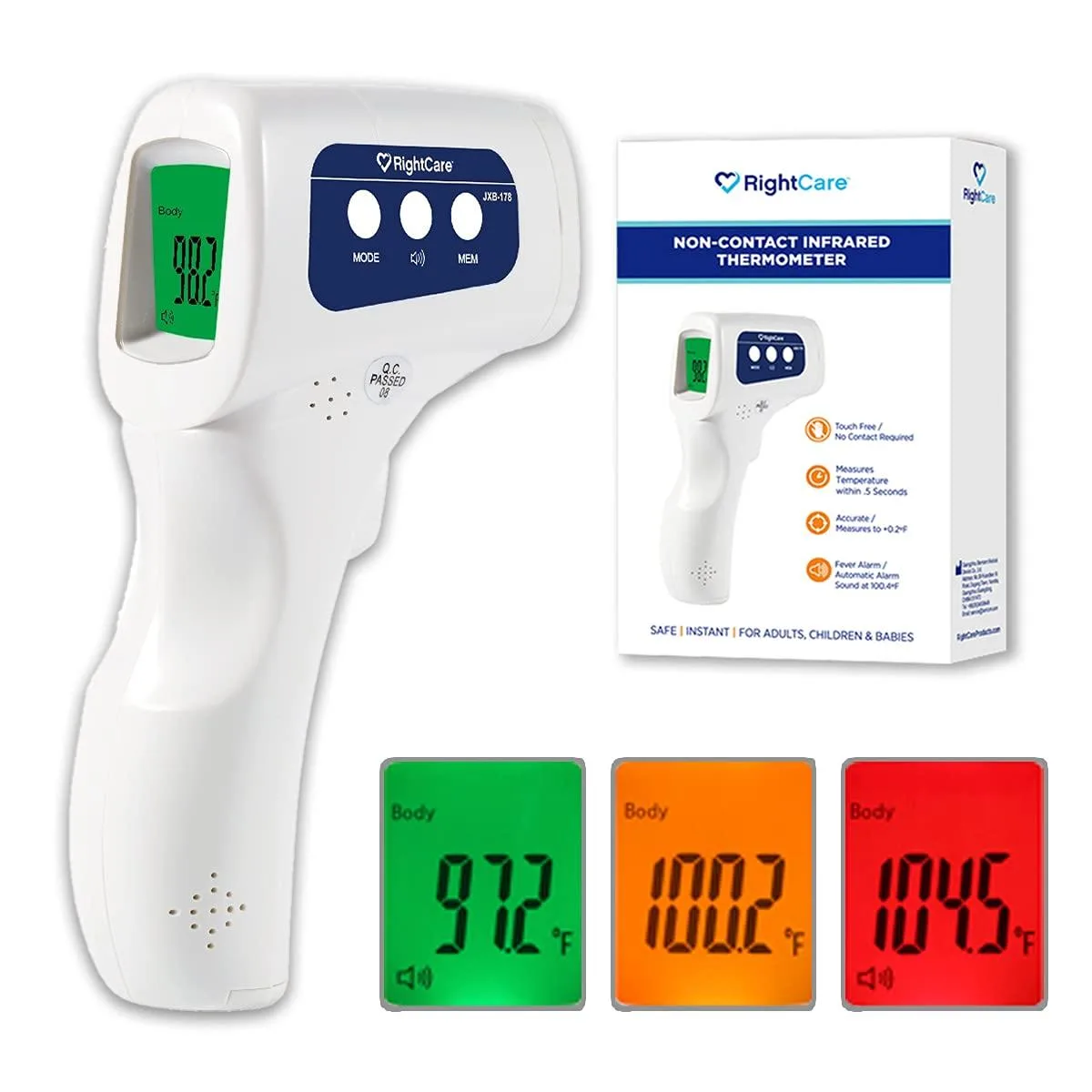 White handheld infrared thermometer with green, orange and red backlit LCD display and trigger button