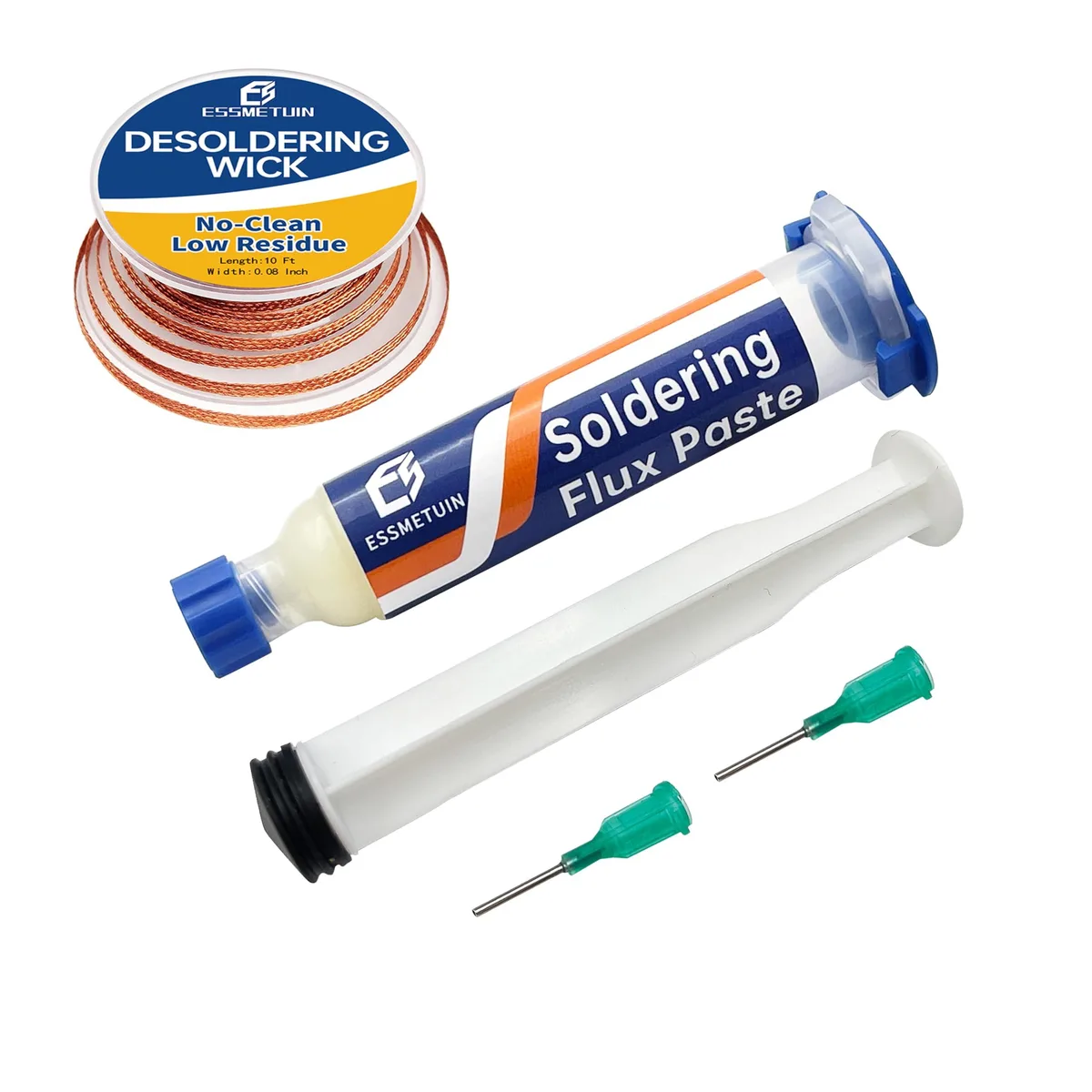 White flux syringe and copper desoldering wick spool