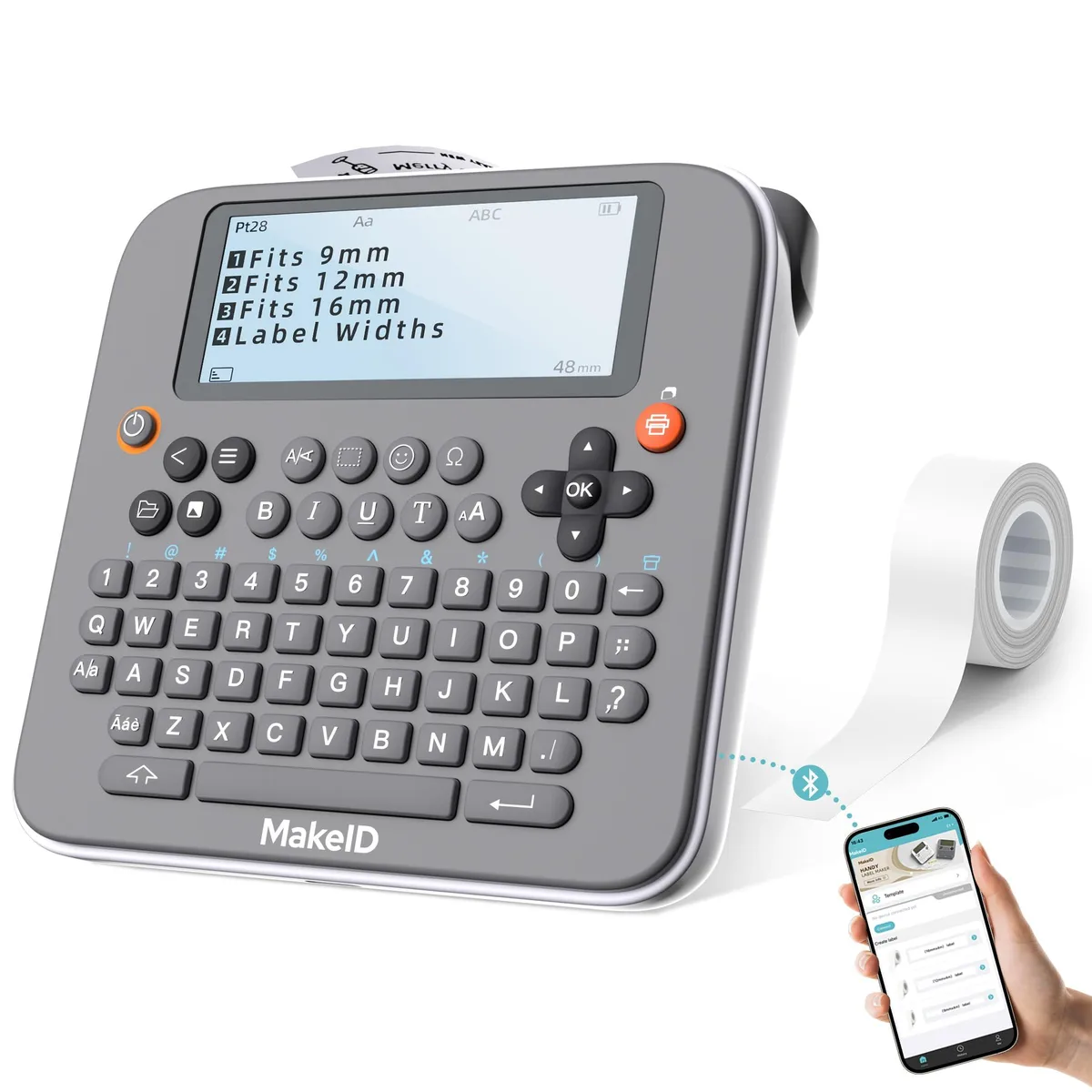  Makeid E1 Portable Label Printer Bluetooth QWERTY 4.42" LCD 9mm 12mm 16mm — product photo