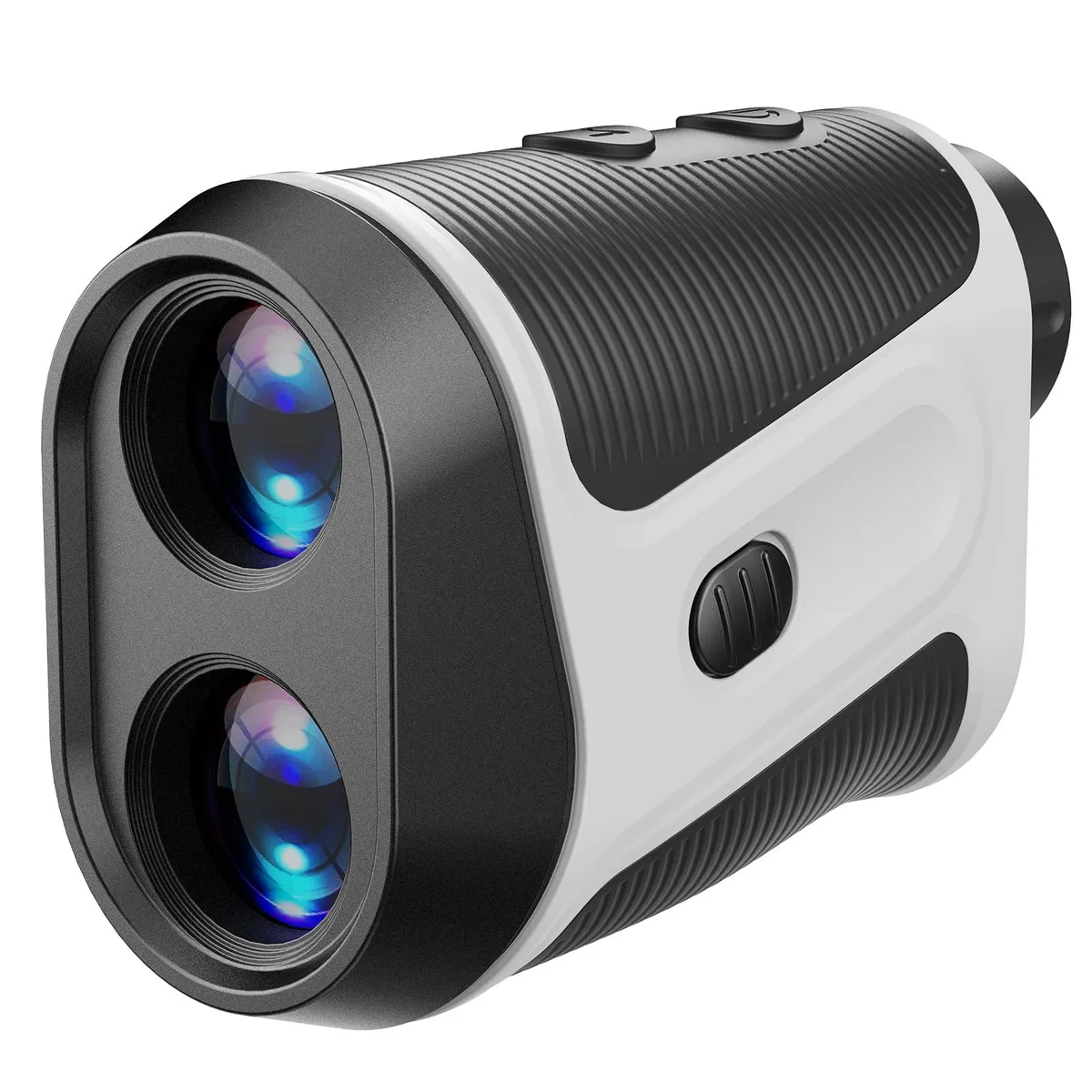 Black rectangular golf rangefinder with LCD screen and magnetic mount