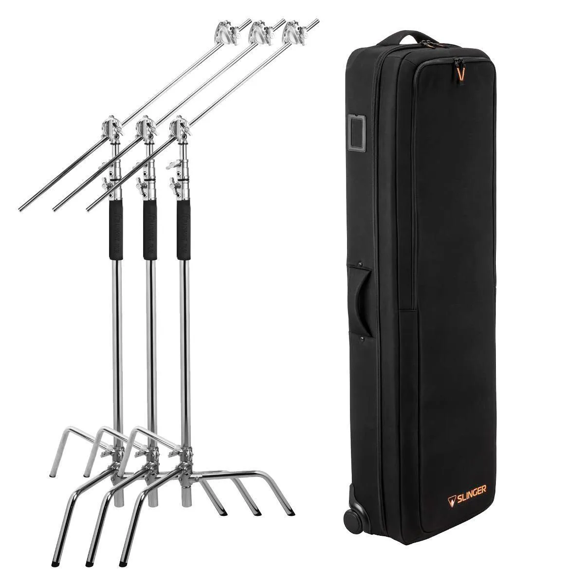 Flashpoint Brand Flashpoint 10' Century Light Stand Kit Chrome 3-Pack w/Slinger L6 Bag 40" Boom 3.0" Gobo Heads — product photo