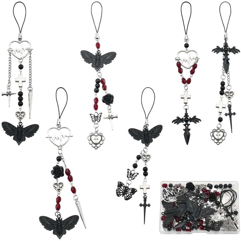 Clear boxed kit with silver nylon straps, alloy gothic charms, glass beads and brass findings