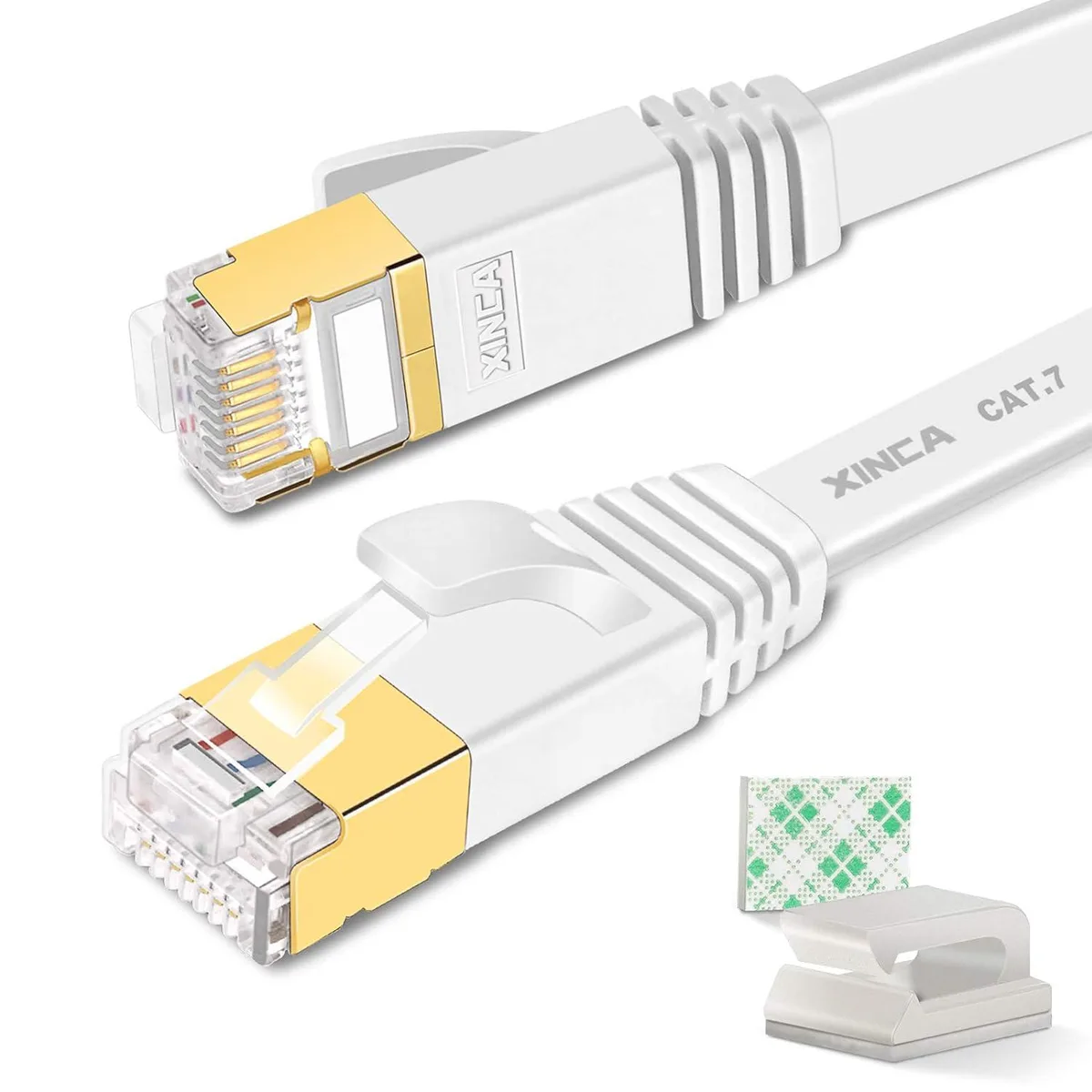 Zell Electronics Zell Electronics Cat 7 Flat Ethernet Cable 15Ft White 10Gb Shielded STP with 5Pcs Cable Clips — product photo