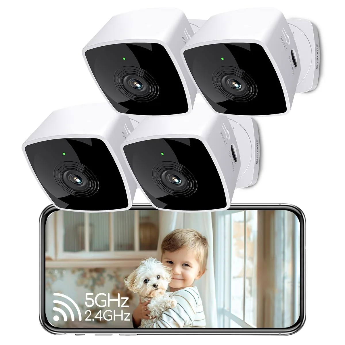 Four compact white indoor cameras with foldable bases, 1296p resolution