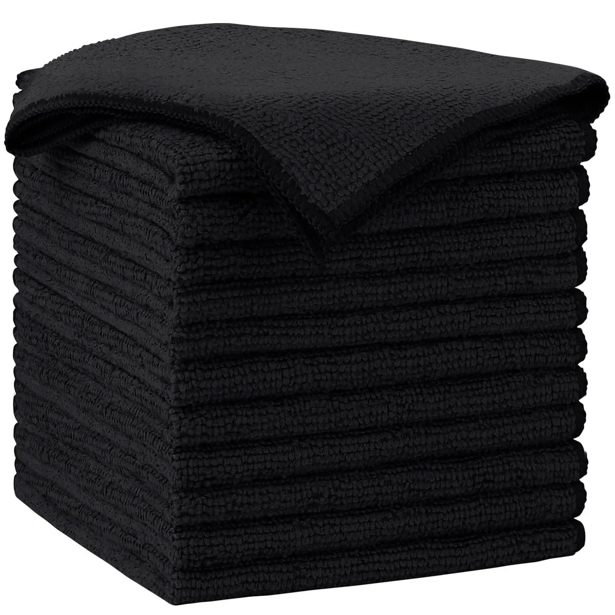 Stack of twelve black square microfiber cloths, each 12 by 12 inches