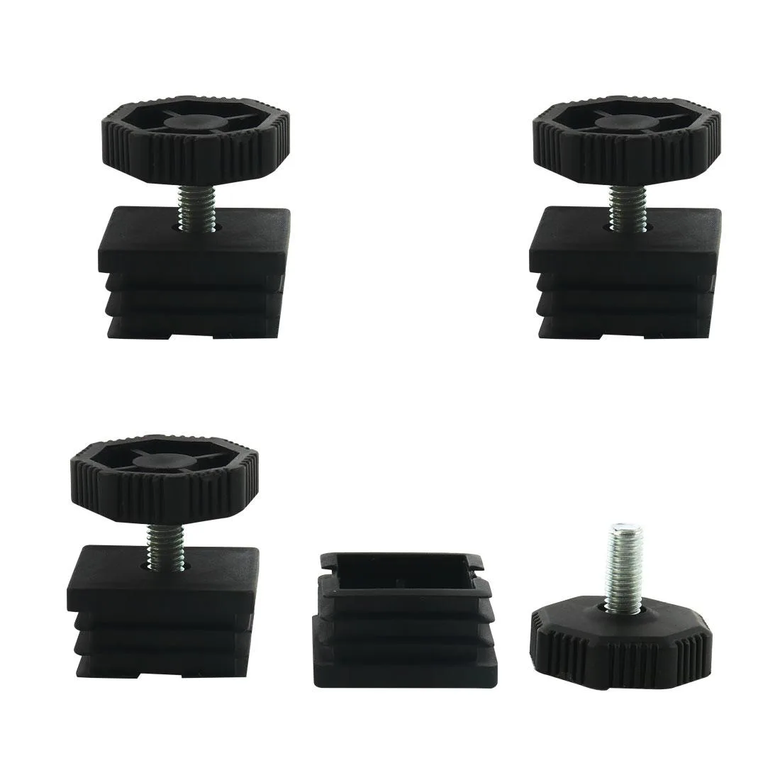 Four sets of square tube inserts with adjustable threaded feet and plastic bases, 38mm