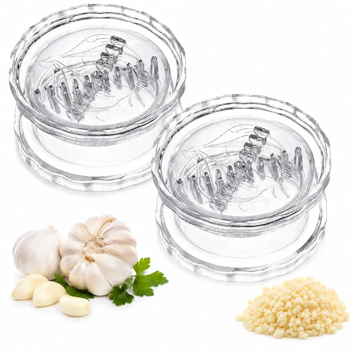 Transparent two-piece garlic and ginger twister mincer set, clear plastic body with twist mechanism