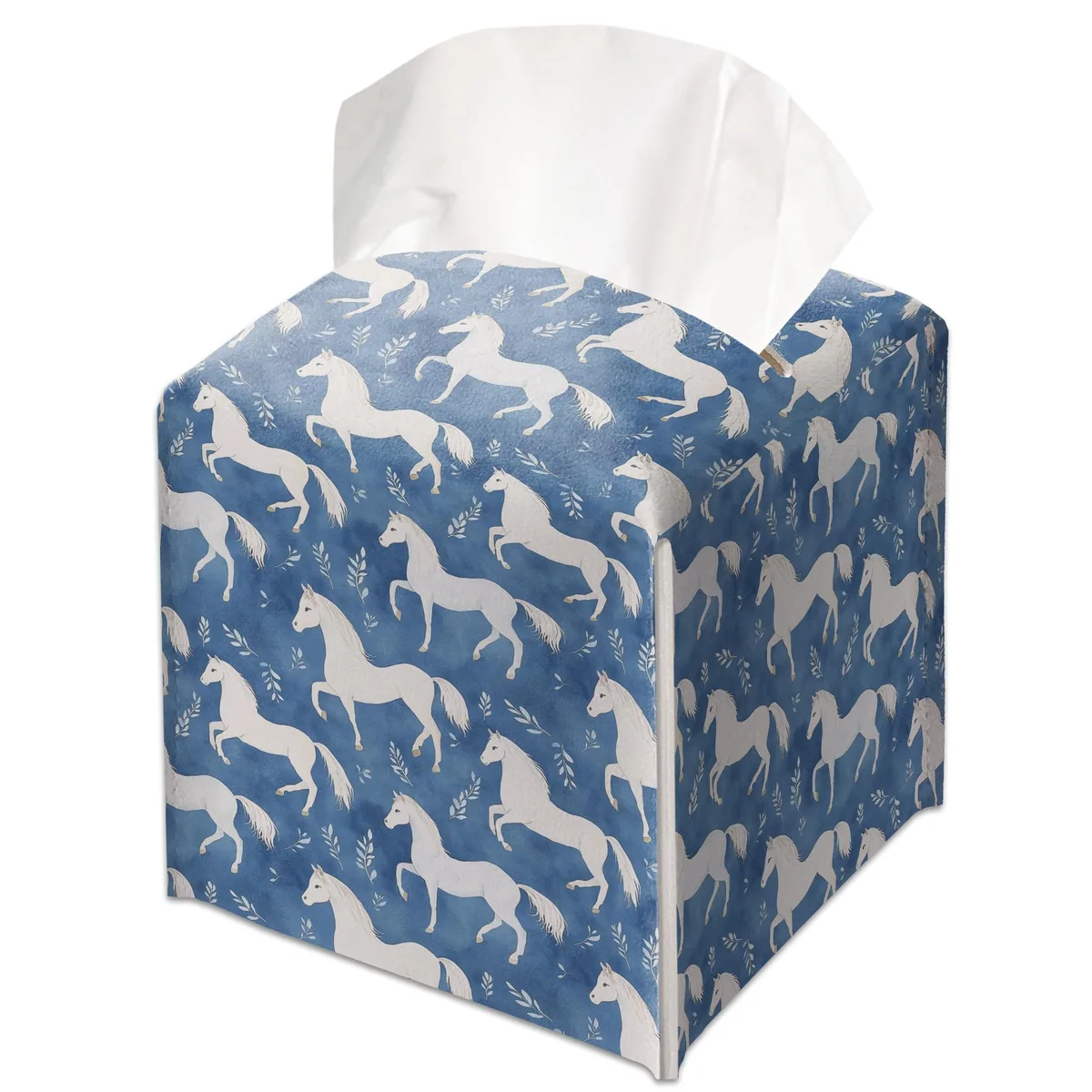 Square leather tissue box cover with horse pattern, Velcro closure, 5.2 inches
