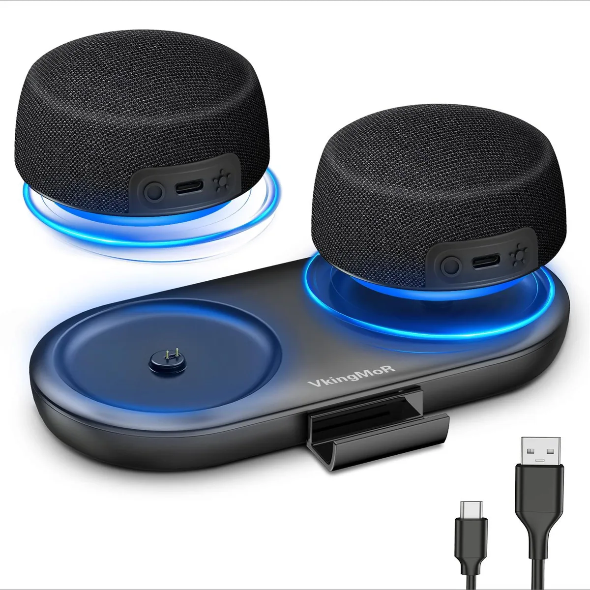 Two black fabric speakers with magnetic bases and RGB lighting