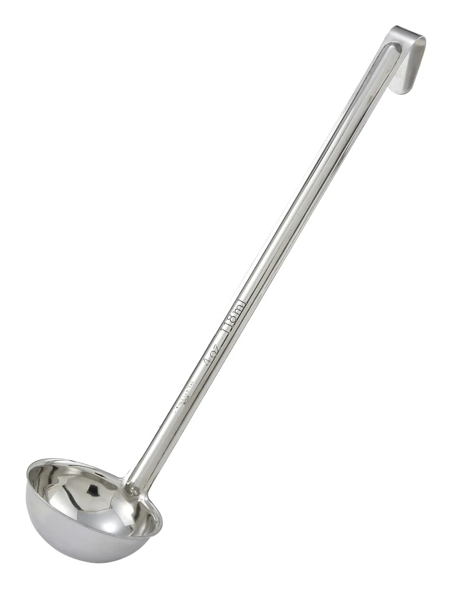 Stainless steel ladle with deep bowl and curved handle