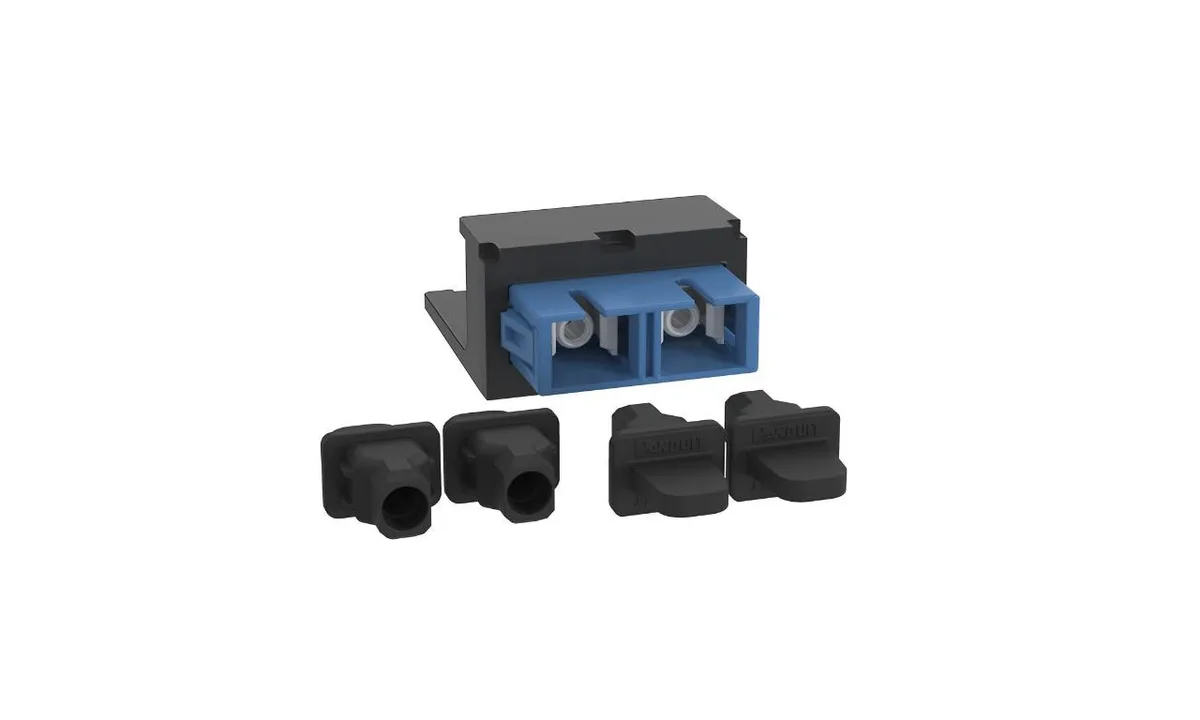 Black rectangular SC duplex fiber adapter module with blue internal sleeves