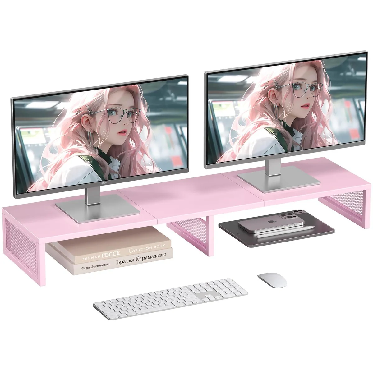 Pink leather-finish dual monitor stand riser with brushed steel frame