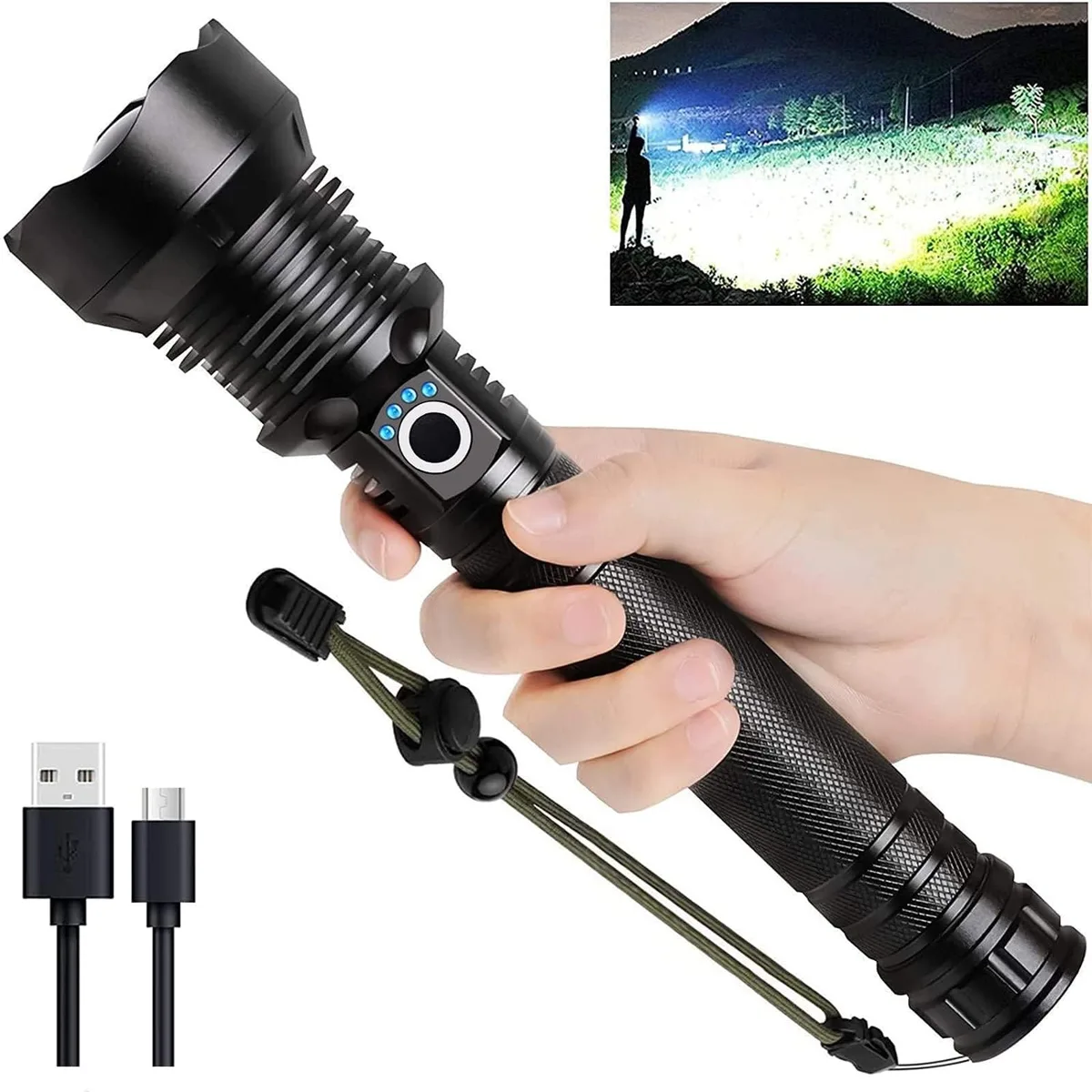Rectangular aluminium flashlight with USB-C port and four-bar power indicator