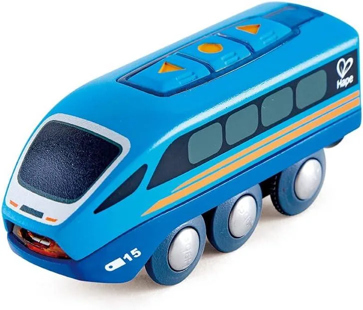 Small wooden train engine with top buttons and charging port