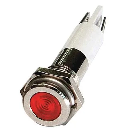 Small round red LED indicator light with chrome bezel 8mm mount 24VDC
