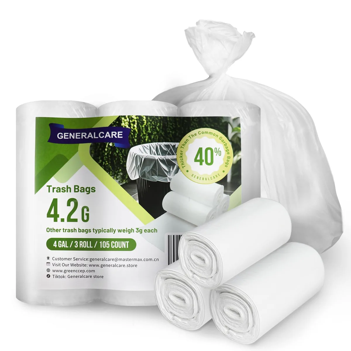 A white roll of 105 four-gallon high-density polyethylene trash bags
